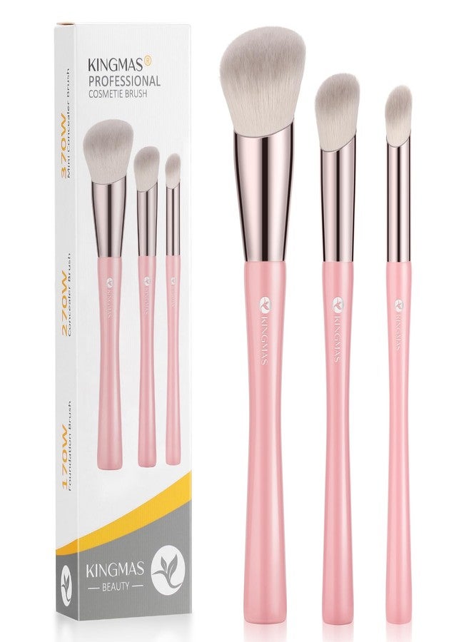 KINGMAS Angled Foundation Brush Concealer Brush, Premium Kabuki Makeup Brush for Liquid, Blending, Cream, Powder, Blush Buffing Stippling Face Makeup Tools White (Pink, 3Pcs (170W/270W/370W)) - Image 1